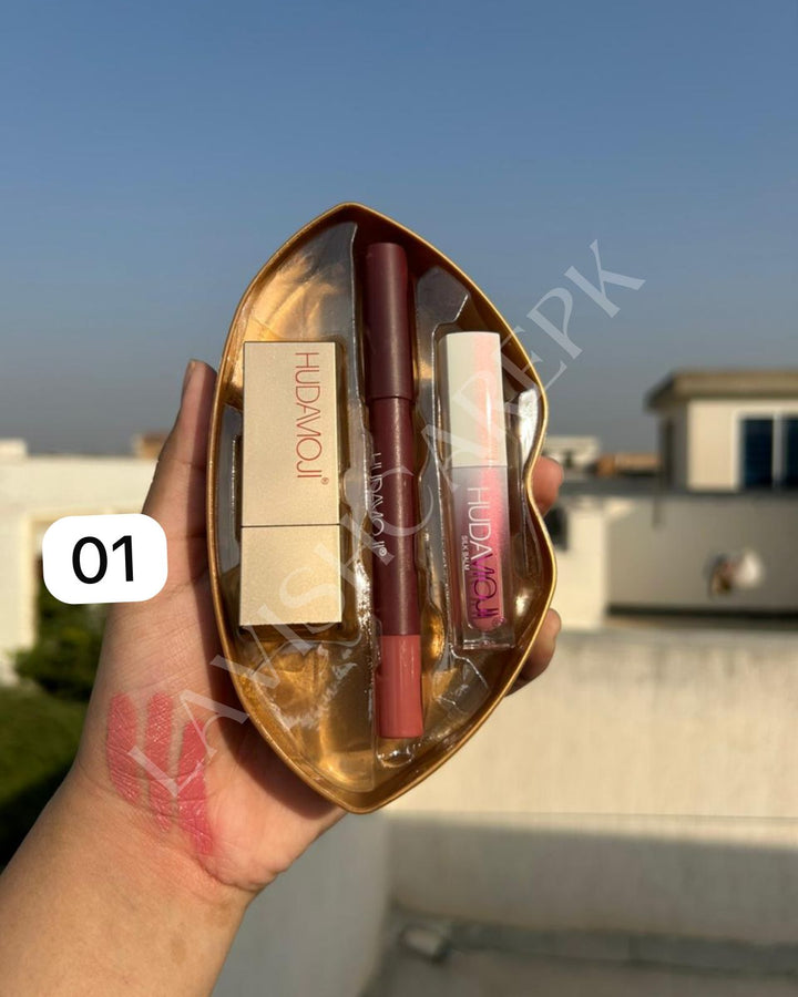 3 In 1 Hudamoji Set Velvet Matte Lipstick , Waterproof Lip Pencil & Lip Gloss Set