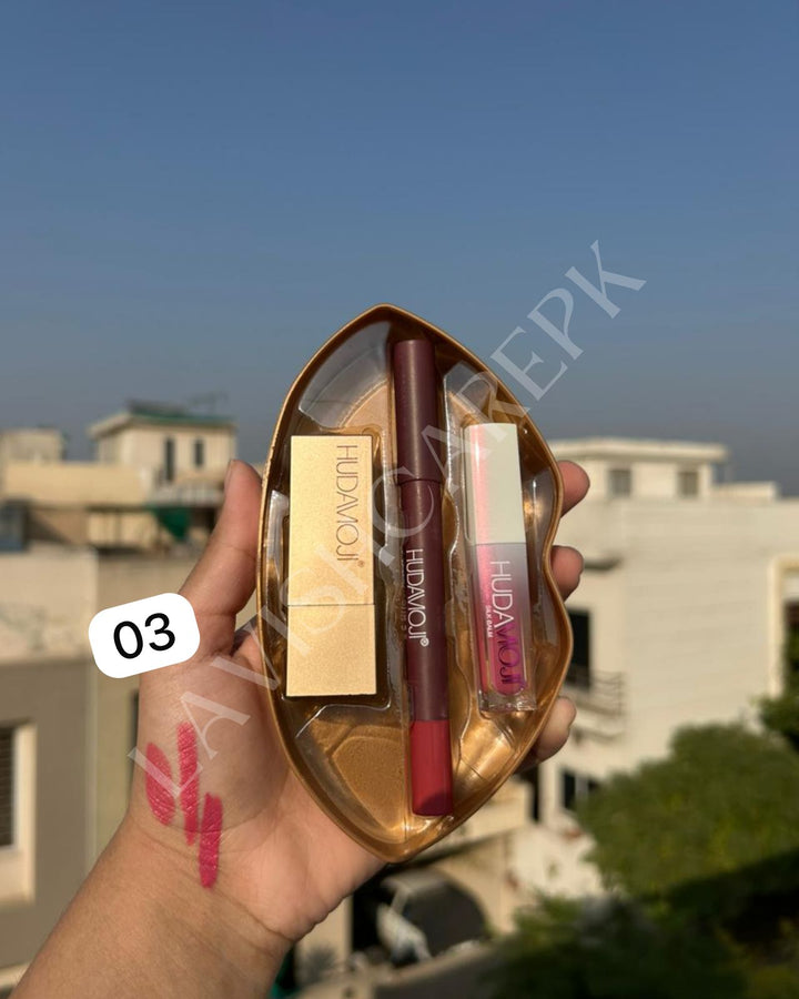 3 In 1 Hudamoji Set Velvet Matte Lipstick , Waterproof Lip Pencil & Lip Gloss Set